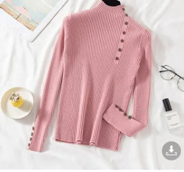 Half High Neck Sweater Women's New Style Pullover Knit Sweater with Button Up Long Sleeves Slim Fit Tight Fitting Bottom Shirt