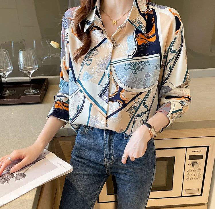 Chiffon Allover Printed Women's Blouses High Quality Long Sleeve Single Breasted Spring Summer Casual Lady Blouses