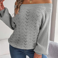 Casual Fashion Solid Color Hollow Out Sweater Off Shoulder Lantern Sleeve Knitted Pullover Women Clothes