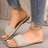 Small Fragrant style flat bottomed plus size slippers for women square headed rhinestone pearl fashionable casual slippers