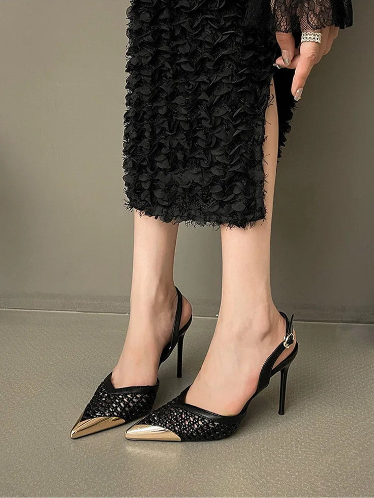 Elegant Hollow Out Woven Stiletto Sandals Women Pointed Toe Metal Straps High Heels