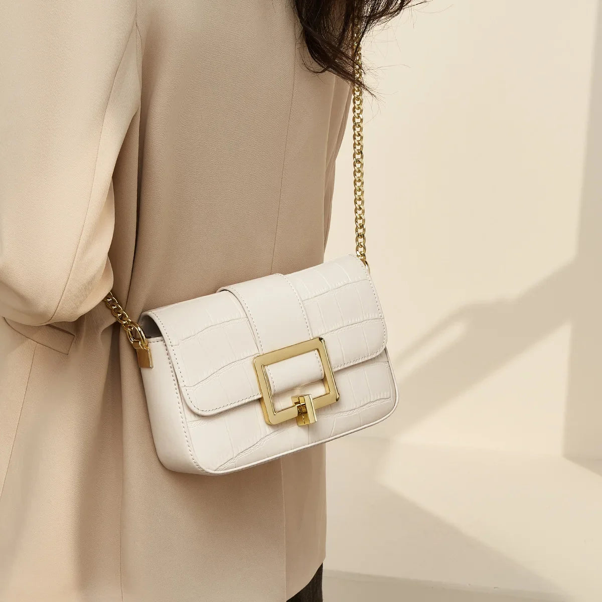 Luxury Two-Layer Cow Leather Handbag Women's Trendy Chain Crossbody Phone Bag Single Shoulder Bag Neutral Minimalist Style