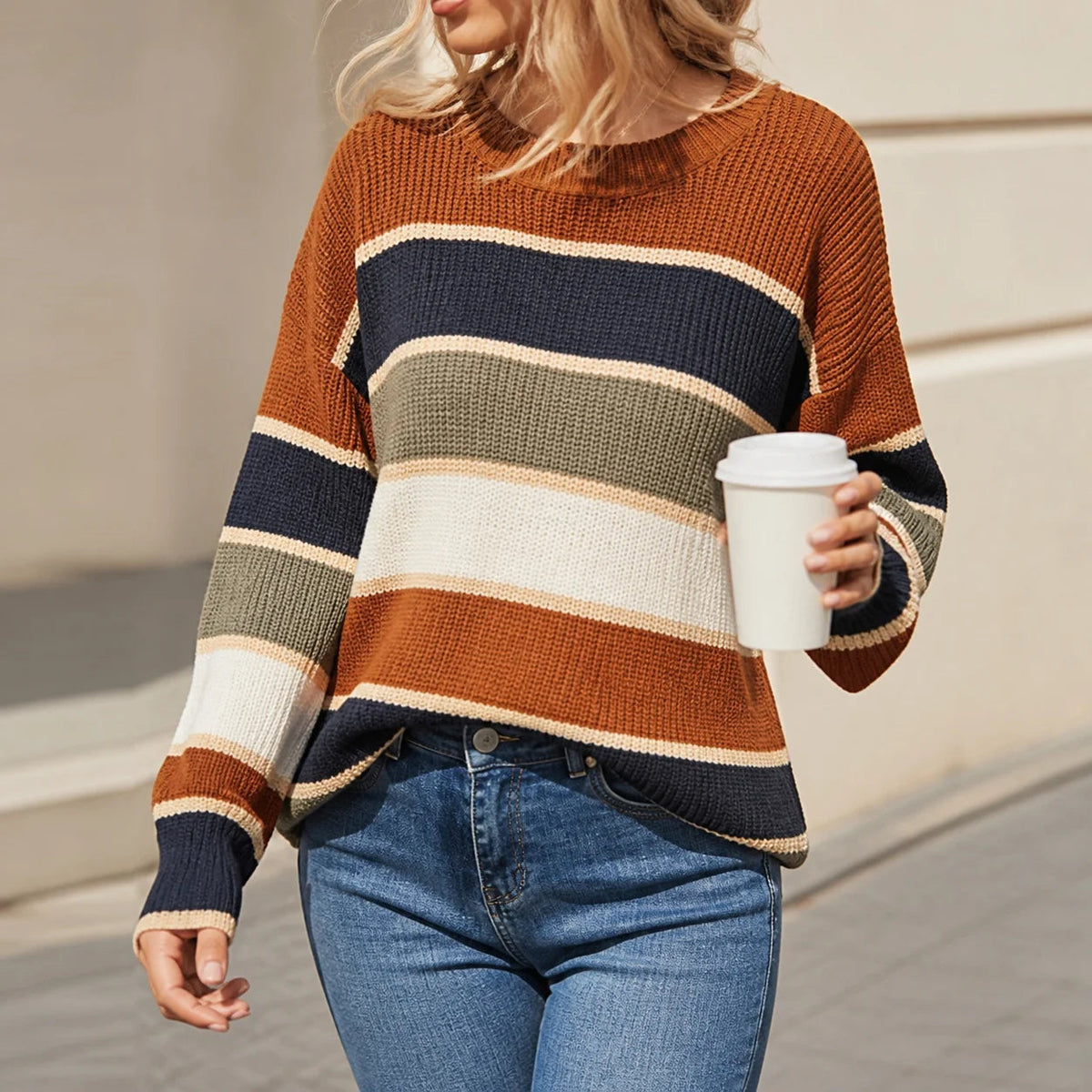 Women's Winter Clothing Oversized Striped Round Neck Ribbed Casual Sweater for Women Women's And Female Clothing Women's Winter Natalia Home Fashion    Natalia Home Fashion