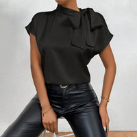 Women's Satin Short-Sleeve Blouse with Tie Collar Large Bow