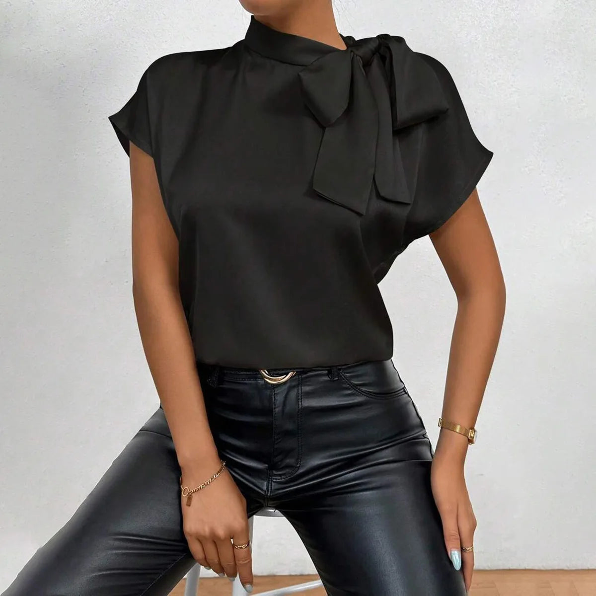 Women's Satin Short-Sleeve Blouse with Tie Collar Large Bow