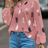 Fashion Woman Blouse Shirts For Women Stylish Top long Sleeve Feather Pattern Female Tops Elegant Chiffon Mujer Woman Clothes Natalia Home Fashion    Natalia Home Fashion