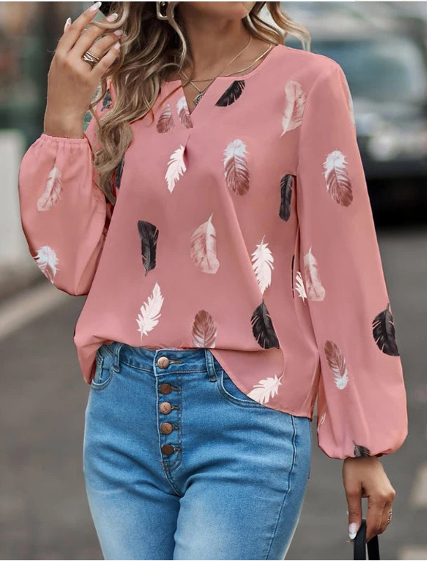 Fashion Woman Blouse Shirts For Women Stylish Top long Sleeve Feather Pattern Female Tops Elegant Chiffon Mujer Woman Clothes Natalia Home Fashion    Natalia Home Fashion