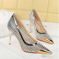Fashion Metal Decoration Pointed Toe Pumps Woman Thin Heels Sexy Hollow Out Ladies Shoes