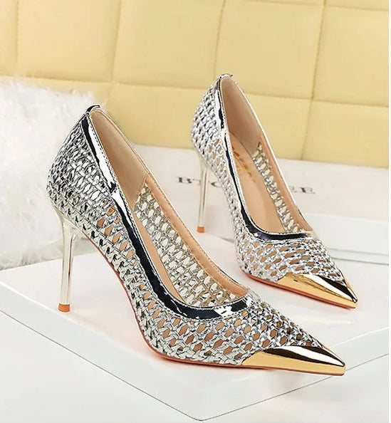 Fashion Metal Decoration Pointed Toe Pumps Woman Thin Heels Sexy Hollow Out Ladies Shoes