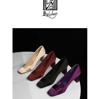 Elegant Satin High Heels Square Toe Slip-On Chunky Heel Comfortable Women's Shoes for Party Fashion Footwear Summer Autumn