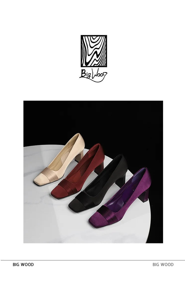 Elegant Satin High Heels Square Toe Slip-On Chunky Heel Comfortable Women's Shoes for Party Fashion Footwear Summer Autumn