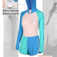 Women Long Sleeve Water Sports Outdoor Bathing Push Up Swim Wear Hooded Female Front Zipper Beach Athletic Surfing Swim Suit