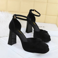 One-Strip Ultra-High Heel Sandals Platform Thick Heel Bow Women Shoes Square Toe Shallow Mouth Hollow Shoes
