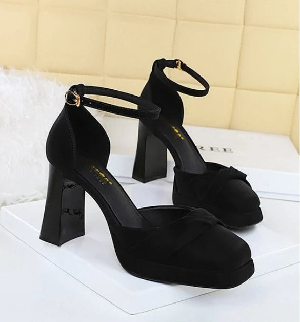 One-Strip Ultra-High Heel Sandals Platform Thick Heel Bow Women Shoes Square Toe Shallow Mouth Hollow Shoes