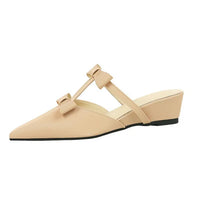 French Wedge Heel Pointed Head Sandals Versatile Bow Medium Heel Half Slippers Women
