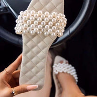 Spring and Summer Women's Pearl Rhinestones Women's All-match Casual Slippers Fashion Solid Flat Shoes Sandals