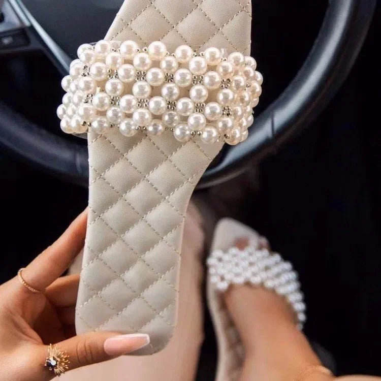 Spring and Summer Women's Pearl Rhinestones Women's All-match Casual Slippers Fashion Solid Flat Shoes Sandals