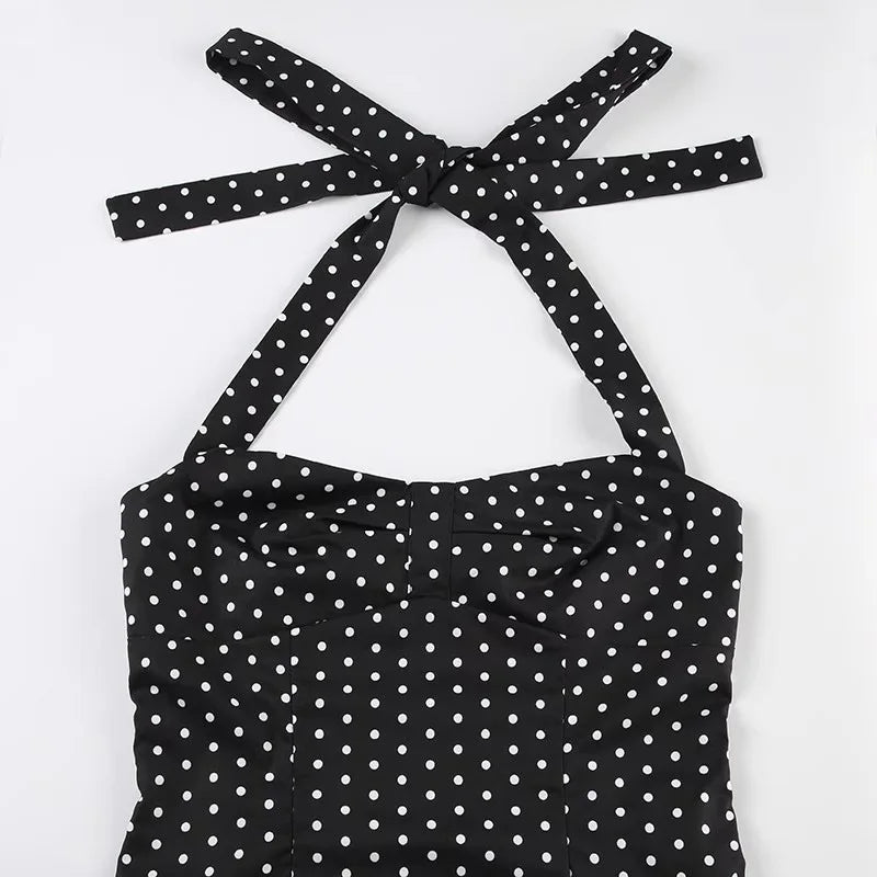 Polka Dot Print Tops Women Halter Low-Neck Bandage Ruffles Backless Sleeveless Skinny Fashion Street Versatile Vest