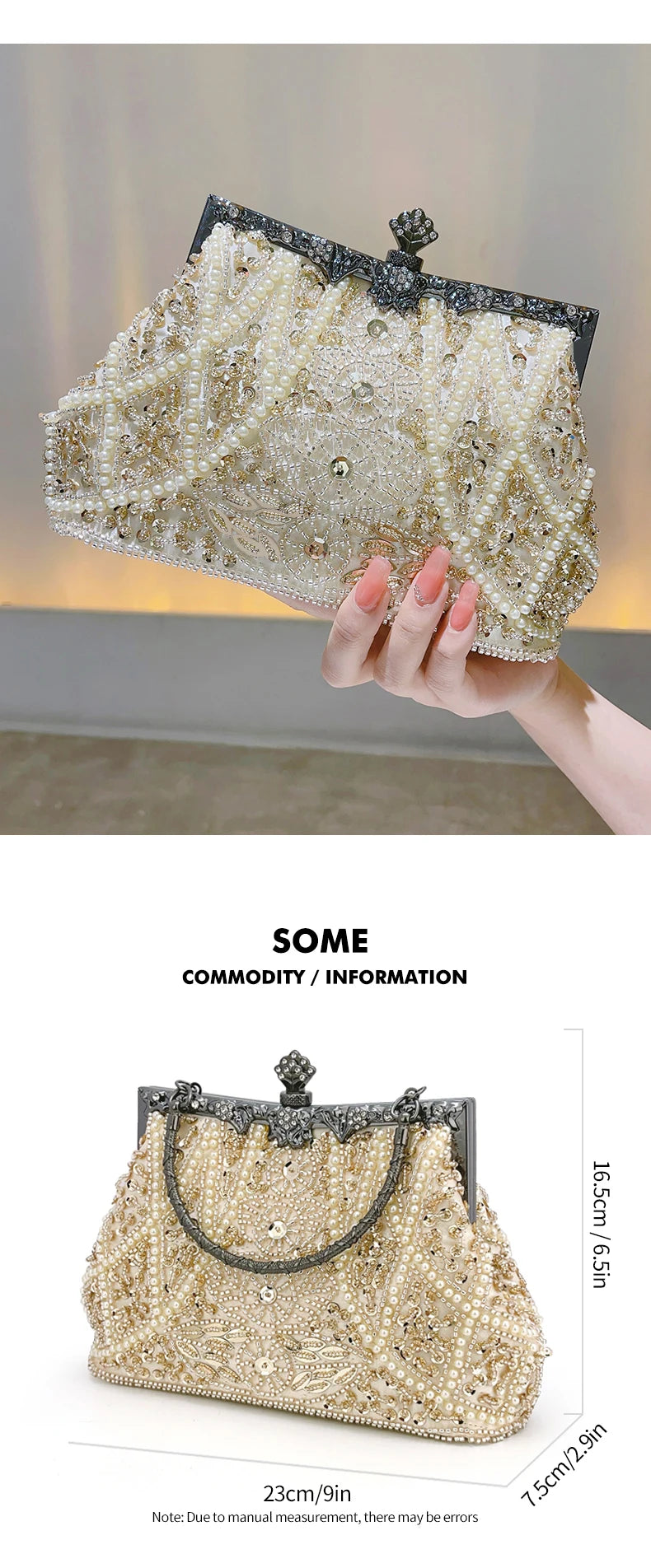 Pearl & Diamond Kiss Lock Clutch Bag Floral Handle Party Bag Metal Chain Cocktail Crossbody Bag
