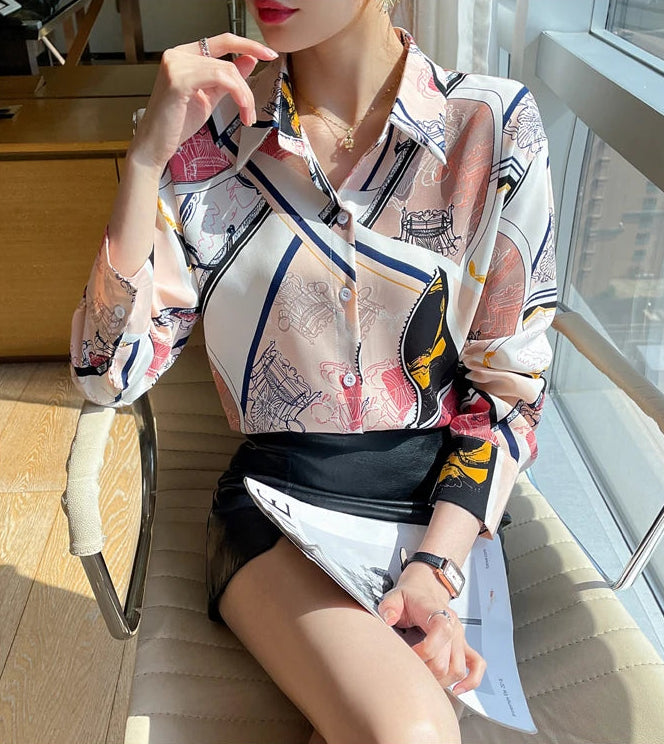 Chiffon Allover Printed Women's Blouses High Quality Long Sleeve Single Breasted Spring Summer Casual Lady Blouses