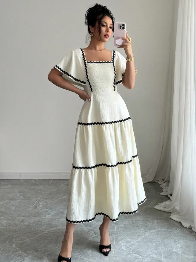 Women's Vintage Square Neck Flutter Sleeve Dress Summer Black Scallop Trim Tiered Ruffle Long Casual Vacation A-line Vestidos Natalia Home Fashion    Natalia Home Fashion