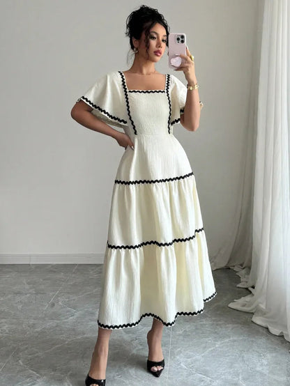 Women's Vintage Square Neck Flutter Sleeve Dress Summer Black Scallop Trim Tiered Ruffle Long Casual Vacation A-line Vestidos Natalia Home Fashion    Natalia Home Fashion
