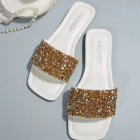 Women's Sandals Flat Bottom Slip-On Shoes Crystal Shiny Sequin Style Square Head Open-Toe Flat Heels