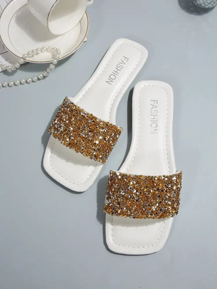 Women's Sandals Flat Bottom Slip-On Shoes Crystal Shiny Sequin Style Square Head Open-Toe Flat Heels