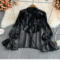 Luxury Ruffle Flared Sleeves Blouse Shirts Women  Retro Blouse Stand Collar French Design Chic Loose Top