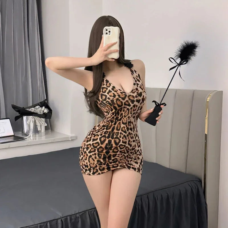 Women's Leopard Print Fun Lingerie Lace Secretary Uniform Seductive Passion Midnight Charm Sexy Night Wears for Ladies