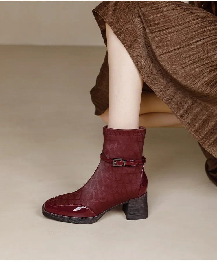 Women's Side Zipper Boot High Heel Short Boot Winter Mid-Calf Boot Chinese Style National Wedding Boot