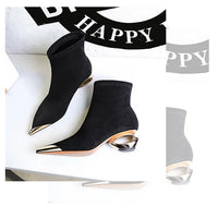 Street Style Fur Metal Hollow Heel Modern Faux Suede Short Boots for Women Metal Pointed Toe Low Heel Boots Female