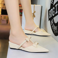 French Wedge Heel Pointed Head Sandals Versatile Bow Medium Heel Half Slippers Women