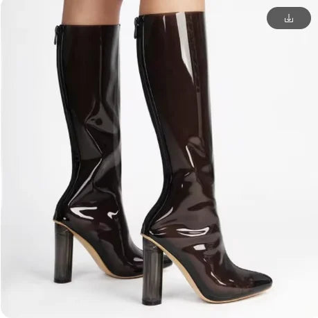 Women Knee High Boots, Transparent PVC Long, Sexy Pole Dance Shoes, Pointed Toe, Colorful