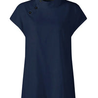 Women Cotton Linen Stand Collar Blouses Cap Sleeves Solid Color Loose Fit Casual Fashion Female Shirts Tops