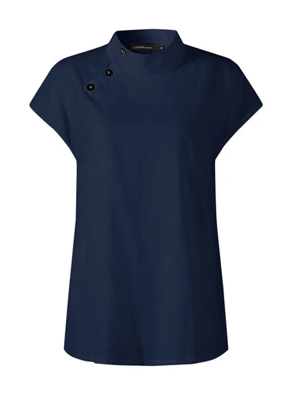 Women Cotton Linen Stand Collar Blouses Cap Sleeves Solid Color Loose Fit Casual Fashion Female Shirts Tops