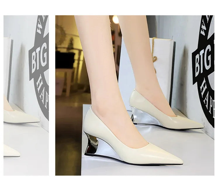 Spring Fashion Pointed Toe Pumps Woman Metal Decoration Wedges Heels Elegant Ladies Shoes