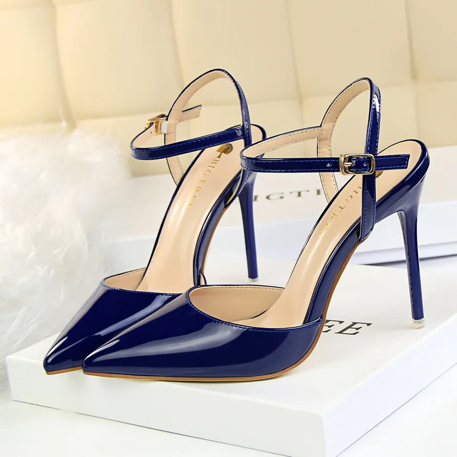 Women 10.5cm High Heels Sandals Lady Metallic Gray Patent Leather Stripper Ankle Strap Sandals Wedding Fetish Nightclub Shoes