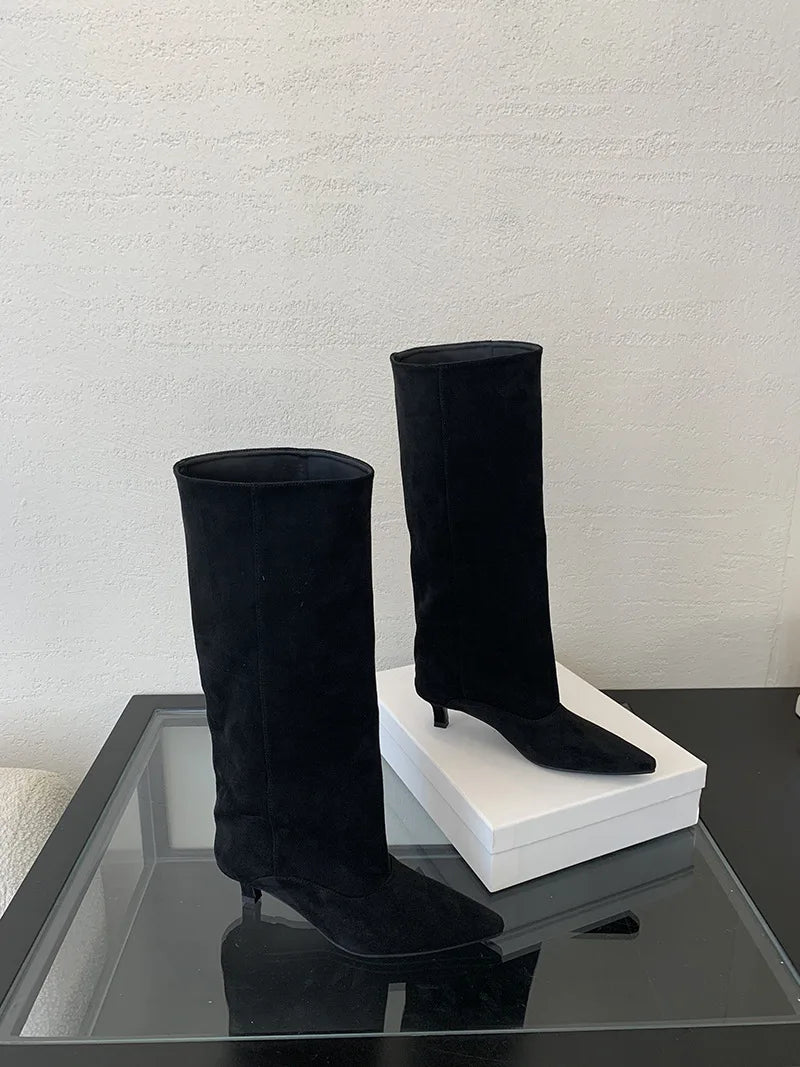 Street Style Pointed Toe Knee-High Boots Women Low Heels Shoes Female Long Booties Women Shoes