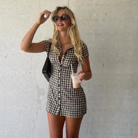 Women's Casual Plaid Contrast Color Turn-Down Collar Dress Commuter Style Short Sleeves Single Breasted Women's Casual Dresses Natalia Home Fashion    Natalia Home Fashion