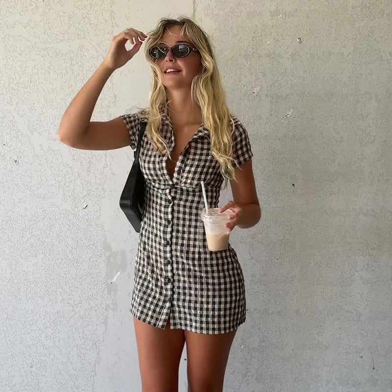 Women's Casual Plaid Contrast Color Turn-Down Collar Dress Commuter Style Short Sleeves Single Breasted Women's Casual Dresses Natalia Home Fashion    Natalia Home Fashion