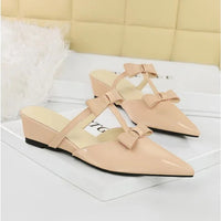 French Wedge Heel Pointed Head Sandals Versatile Bow Medium Heel Half Slippers Women