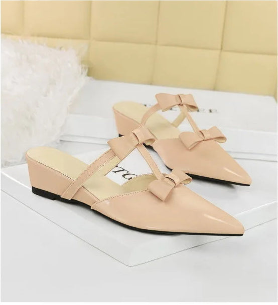 French Wedge Heel Pointed Head Sandals Versatile Bow Medium Heel Half Slippers Women