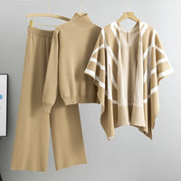 2025 Casual Suit Women's Autumn and Winter New Temperament Lazy Wind Knitted Sweater Shawl Cape Wide-leg Pants Three-piece Set Natalia Home Fashion    Natalia Home Fashion