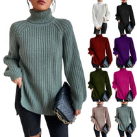 Turtlenecks Women Pullovers Mid-Long Casual Knit Sweater Fad Raglan Sleeves Side Slit Sweater New Skirt-style Jumper