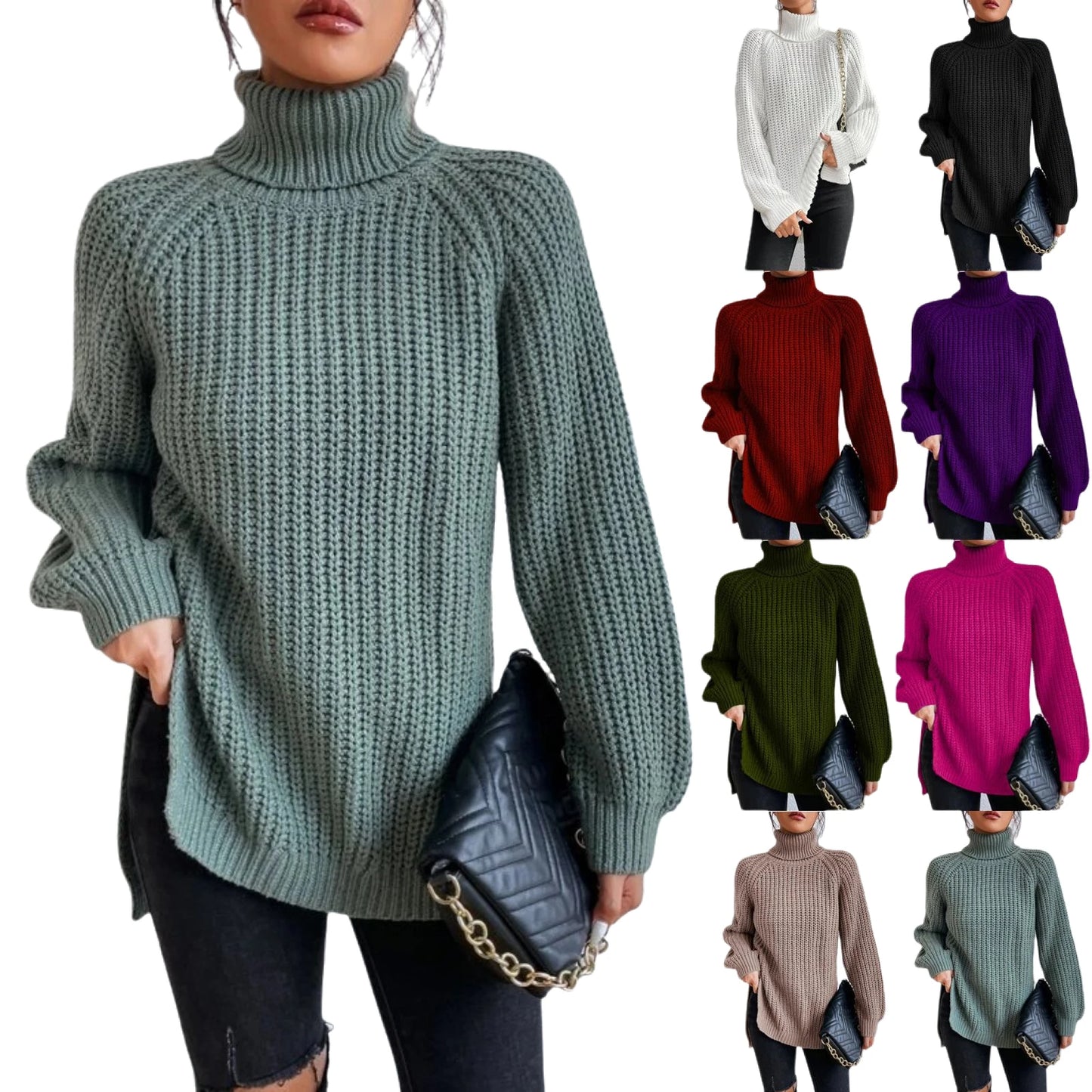 Turtlenecks Women Pullovers Mid-Long Casual Knit Sweater Fad Raglan Sleeves Side Slit Sweater New Skirt-style Jumper