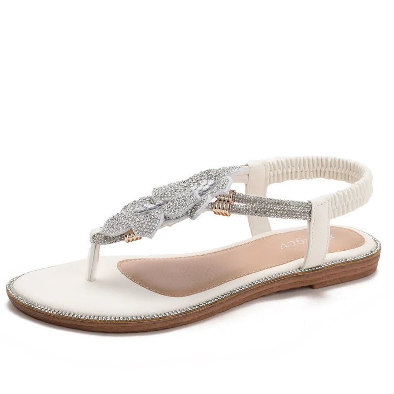 Womens Bohemian Floral Rhinestone Sandals Elegant Crystal Flower Décor Elastic Ankle Strap Soft Cushioned Insole Non Slip Sole
