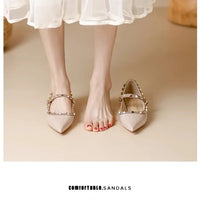 Elegant French Style Cropped Studded Flat Bottom Sandals Women's Summer Tweed Pattern Medial Vacancy Pointe Roman Design
