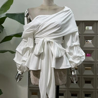 Women's Asymmetric Off-Shoulder Crop-Top Irregular Bow-Waist Puff-Sleeve Party Evening Top