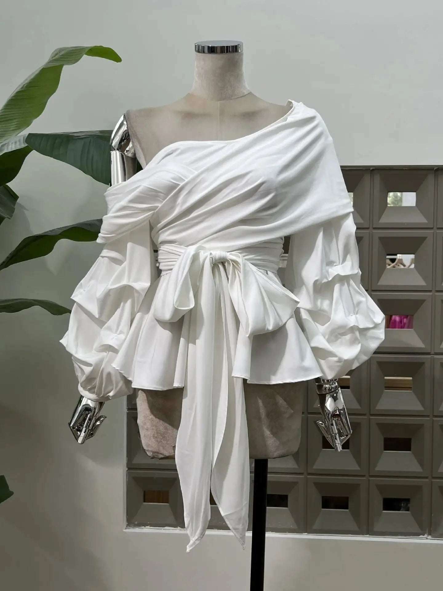 Women's Asymmetric Off-Shoulder Crop-Top Irregular Bow-Waist Puff-Sleeve Party Evening Top